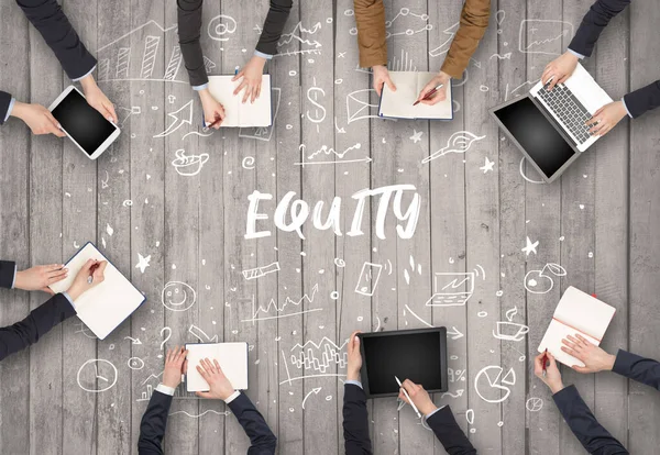 Grupo Empresarios Que Trabajan Oficina Con Inscripción Equity Concepto Coworking —  Fotos de Stock