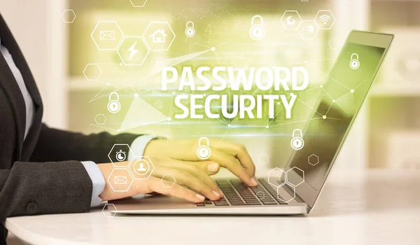 关于笔记本电脑 网络安全和数据保护概念 区块链和网络安全的Password安全注册 — 图库照片