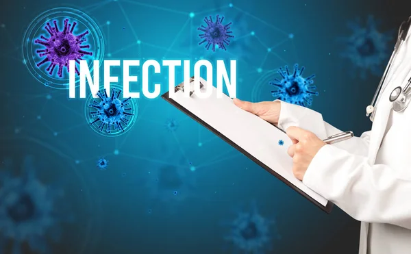 Läkare Ordinerar Recept Med Infektion Inskription Pandemi Koncept — Stockfoto
