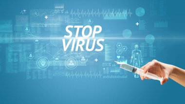 Şırınga iğnesi ile virüs aşısı ve STOP VIRUS yazıtları, panzehir konsepti