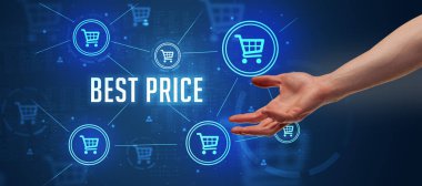 BEST PRICE yazıtlarına, çevrimiçi alışveriş konseptine yakın el işaretleri