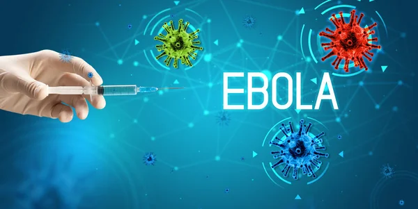 Spuit Medische Injectie Hand Met Ebola Inscriptie Coronavirus Vaccin Concept — Stockfoto