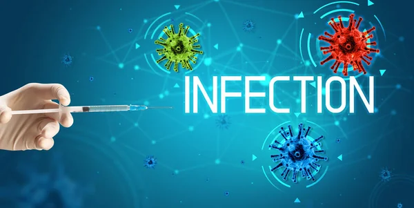 Jeringa Inyección Médica Mano Con Inscripción Infección Concepto Vacuna Contra —  Fotos de Stock