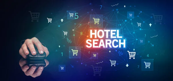 Χέρι Κρατώντας Ασύρματη Περιφερειακή Επιγραφή Αναζήτηση Ξενοδοχείο Online Έννοια Ψώνια — Φωτογραφία Αρχείου