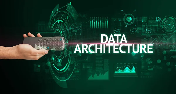 Handhållen Trådlös Kringutrustning Med Data Architecture Inskription Modernt Teknikkoncept — Stockfoto