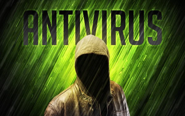 ウイルス対策の碑文を持つ謎の男 オンラインセキュリティコンセプト — ストック写真