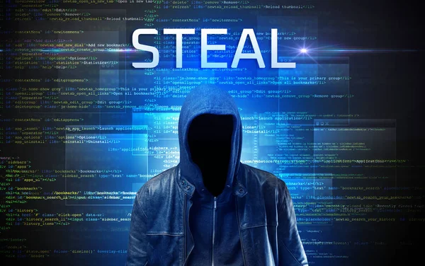 Faceless hacker with STEAL inscription on a binary code background