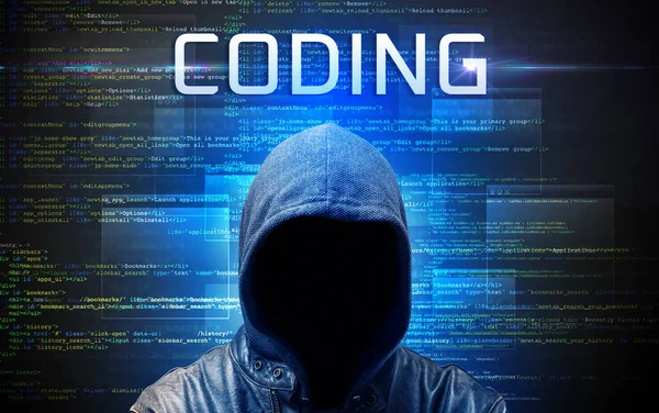 Hacker Sem Rosto Com Inscrição Coding Fundo Código Binário — Fotografia de Stock