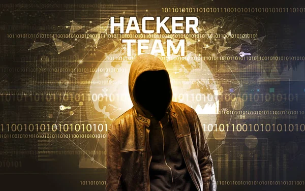 Hacker Sans Visage Travail Avec Inscription Hacker Team Concept Sécurité — Photo