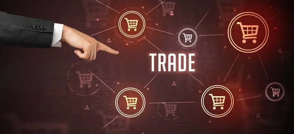 Primer Plano Mano Recortada Apuntando Inscripción Trade Concepto Compras Línea — Foto de Stock