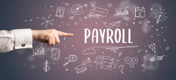 Close Van Bijgesneden Hand Wijzend Payroll Inscriptie Moderne Zakelijke Oplossing — Stockfoto