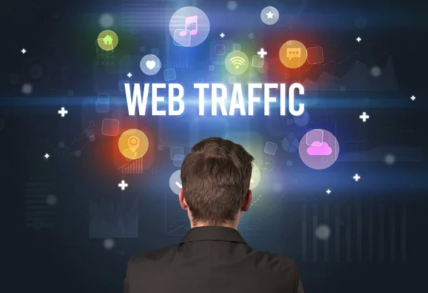 Vista Trasera Empresario Con Inscripción Web Traffic Concepto Tecnología Moderna — Foto de Stock