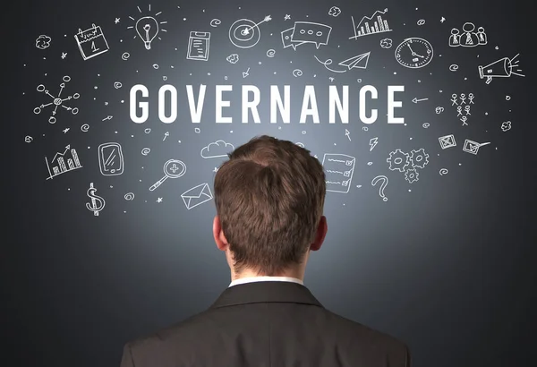 Achteraanzicht Van Een Zakenman Met Governance Inscriptie Modern Business Concept — Stockfoto