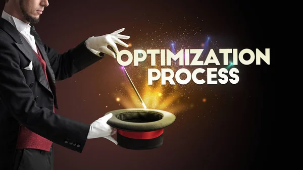 Illusionist Δείχνει Μαγικό Κόλπο Optimization Process Επιγραφή Νέο Επιχειρηματικό Μοντέλο — Φωτογραφία Αρχείου