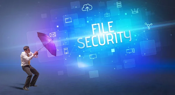 Affärsman Försvara Med Paraply Från Cyberattack Och File Security Inskription — Stockfoto