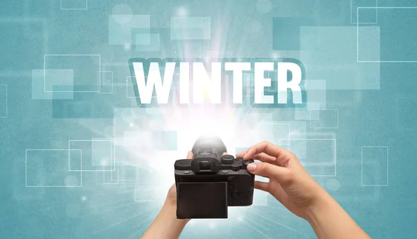 Close Hand Holding Digital Camera Winter Inscription Traveling Concept — Stock Photo, Image