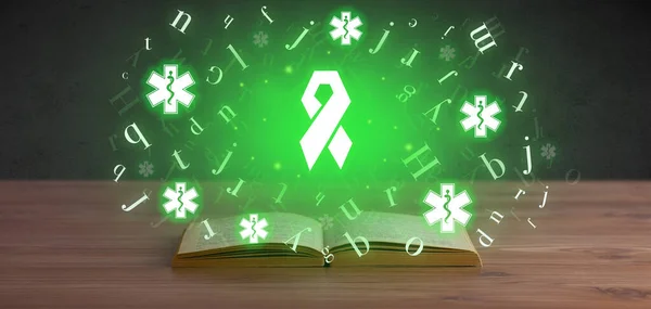 Open medical book with breast cancer icons above, global health concept