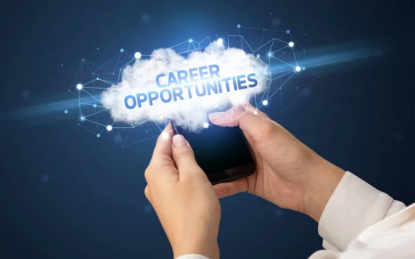 Smartphone Tactile Féminin Avec Inscription Career Opportunities Concept Entreprise Cloud — Photo