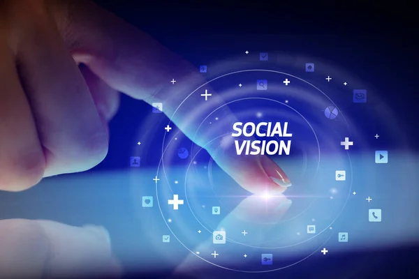 Tableta Para Tocar Dedos Con Iconos Redes Sociales Visión Social —  Fotos de Stock
