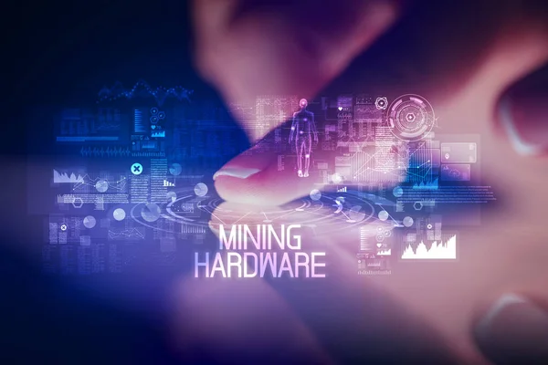 Web Teknolojisi Simgeleri Mining Hardware Yazıtları Ile Tablete Dokunmak — Stok fotoğraf