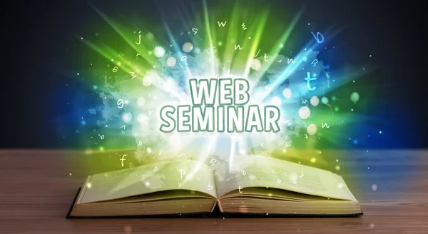 Web Seminar Inscriptie Afkomstig Uit Een Open Boek Educatief Concept — Stockfoto