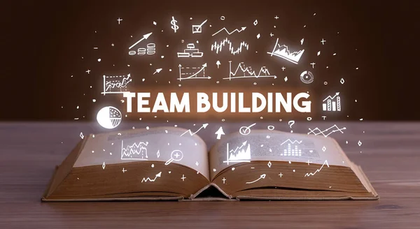 Team Building Nápis Vycházející Otevřené Knihy Obchodní Koncept — Stock fotografie