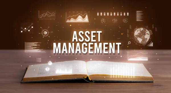 Napis Asset Management Wychodzący Otwartej Książki Koncepcja Kreatywnego Biznesu — Zdjęcie stockowe
