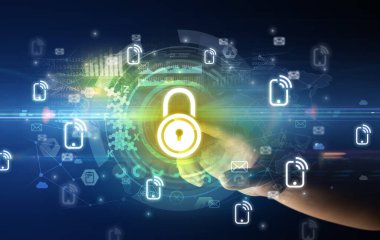 Kilit simgeleriyle yumuşak jest multimedya ekranı, karanlık arka planda gelecek teknoloji konsepti