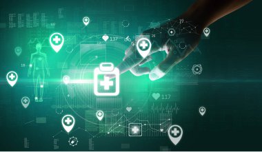 Doktor el, ekranda ilk yardım kiti sembolü olan fütüristik sağlık aygıtı, fütüristik kavram