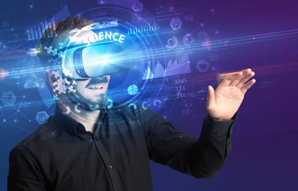 Podnikatel Prohlíží Brýle Virtual Reality Nápisem Science Inovativní Koncept Technologie — Stock fotografie