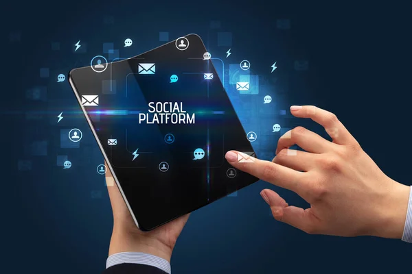 Businessman Holding Foldable Smartphone Social Platform Inscription Social Networking Concept — Stock Photo, Image
