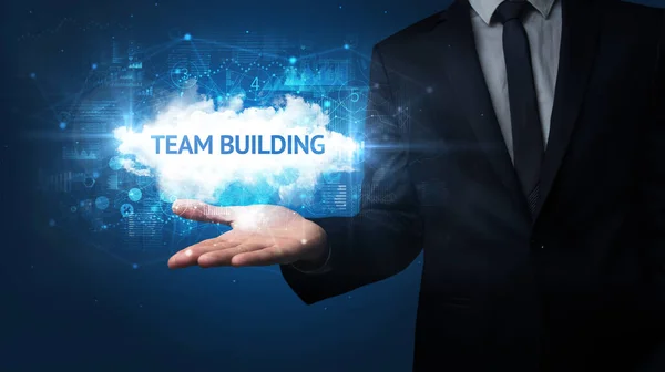 Hand Businessman Holding Team Building Felirat Sikeres Üzleti Koncepció — Stock Fotó