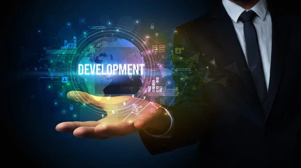 Elegant Hand Holding Development Inscription Digital Technology Concept — 스톡 사진