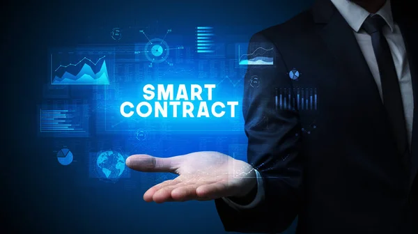 Hand Businessman Holding Smart Contract Inscription Business Success Concept — Stock Photo, Image