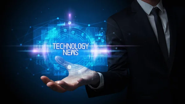 Man Hand Holding Technology News Inscription Technology Concept — Stock Photo, Image