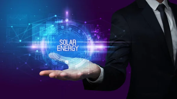 Homme Main Tenant Solar Energy Inscription Concept Technologique — Photo
