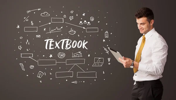 Businessman thinking with TEXTBOOK inscription, business education concept