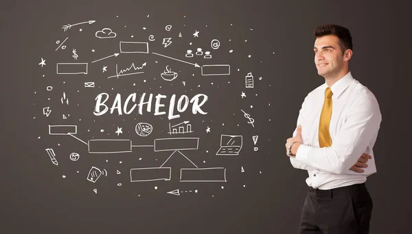 Uomo Affari Che Pensa Con Iscrizione Bachelor Concetto Educazione Aziendale — Foto Stock