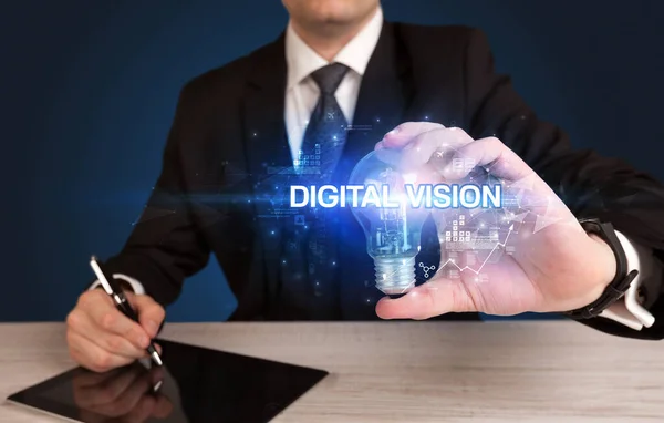 Geschäftsmann Mit Glühbirne Mit Digital Vision Aufschrift Innovatives Technologiekonzept — Stockfoto
