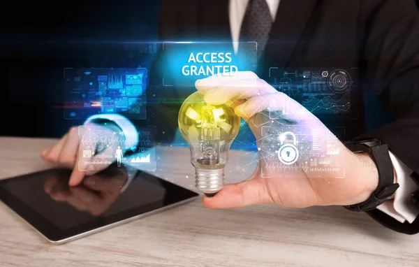 Businessman Holding Lightbulb Access Granted Inscription Online Security Idea Concept — Stock Photo, Image