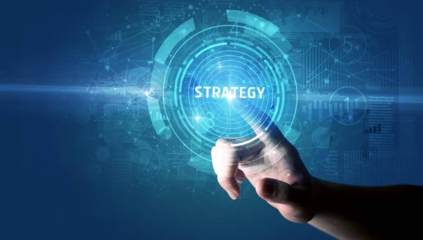 Hand Aanraken Strategie Knop Modern Business Technology Concept — Stockfoto