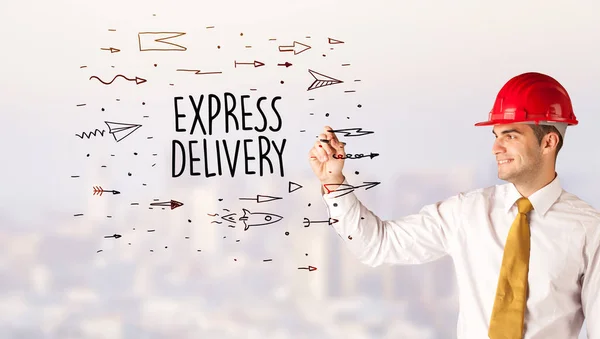 Snygg Affärsman Med Hjälm Ritning Express Delivery Inskription Contruction Försäljning — Stockfoto