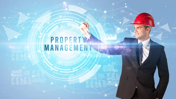 Knappe Zakenman Met Helm Tekening Property Management Inscriptie Constructie Business — Stockfoto