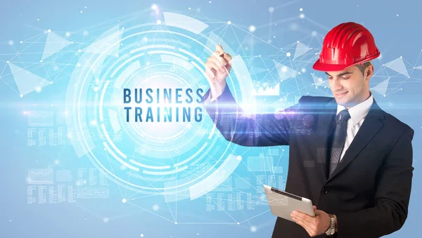 Handsome Businessman Helmet Drawing Business Training Inscription Contruction Business Concept — Stock Photo, Image