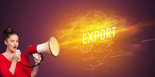 Young Girld Shouting Megaphone Export Inscription Online Shopping Concept — Stock Photo, Image