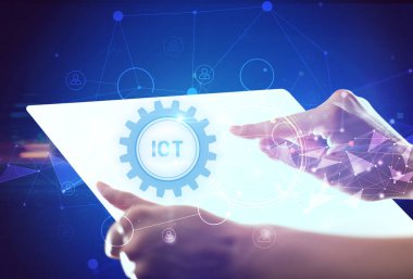 El işi fütüristik tablet IOT yazması, modern teknoloji konsepti