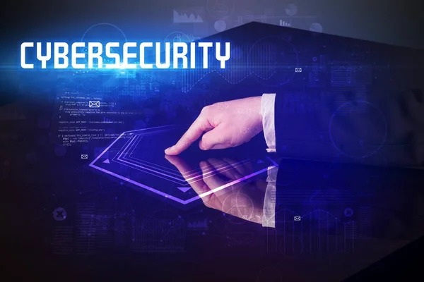 Αγγίζοντας Χέρι Ψηφιακό Τραπέζι Επιγραφή Cybersecurity Νέα Εποχή Έννοια Ασφάλειας — Φωτογραφία Αρχείου