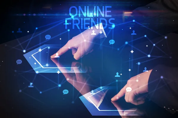 Navigering Sociala Nätverk Med Online Friends Inskription Nytt Mediekoncept — Stockfoto