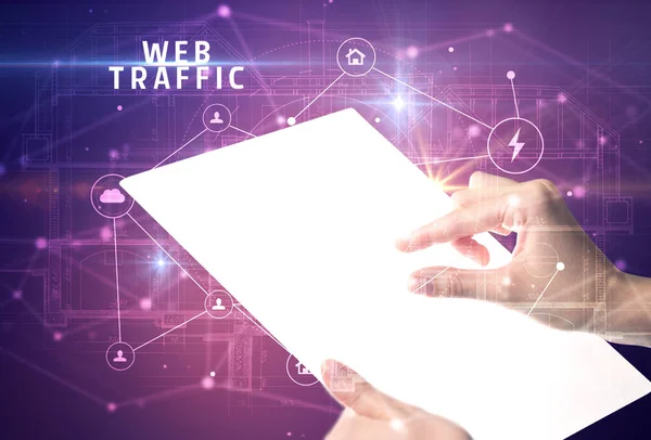 Tableta Futurista Con Inscripción Web Traffic Concepto Seguridad Cibernética — Foto de Stock