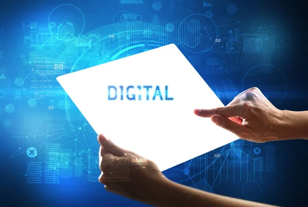 Kézi Holdig Futurisztikus Tabletta Digital Felirattal Technológiai Koncepció — Stock Fotó
